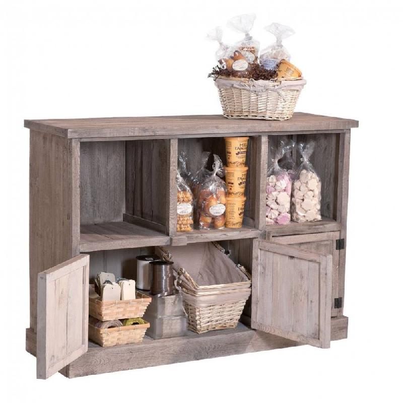 Buffet bas Héritage - pin vieilli - 3 cases, 3 portes - L119xP39xH80cm - Gris_1