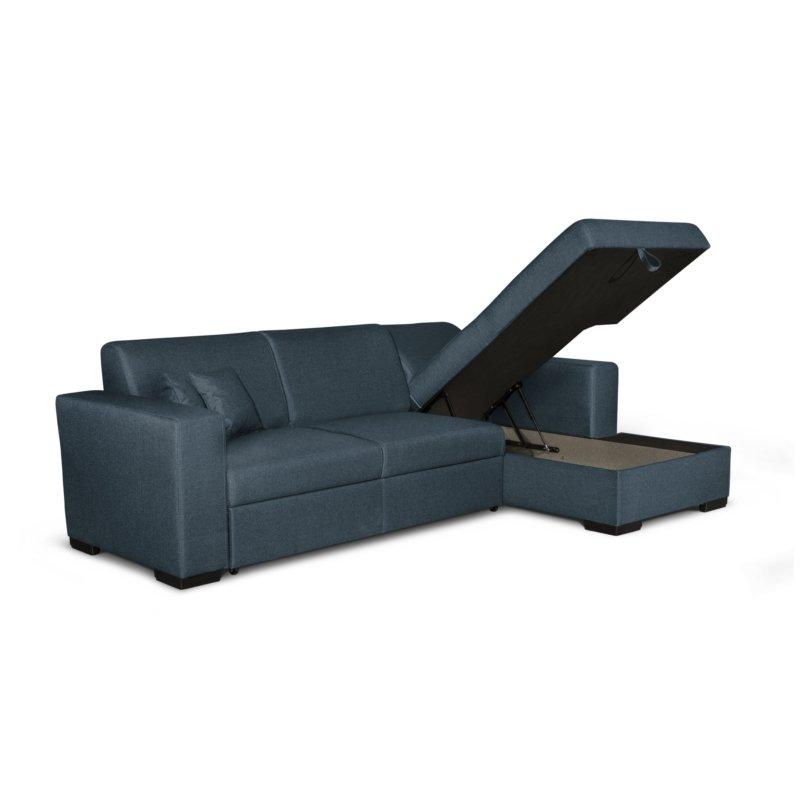 Canapé d'angle à droite convertible CABIRI - tissu bleu pétrole avec coffre de rangement et coussins d'appoint_1