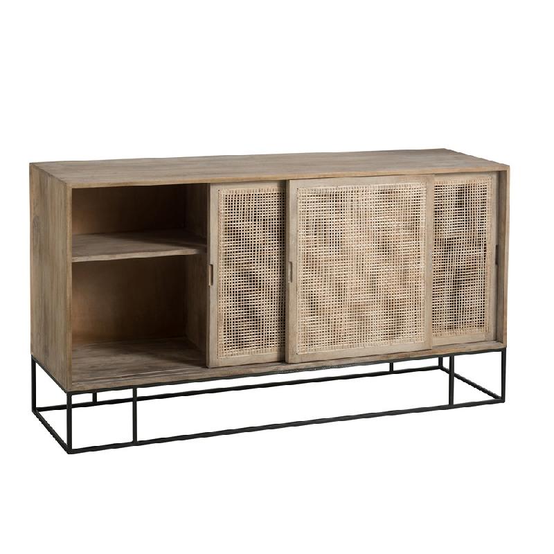 Buffet Sorah 3 portes - Bois de manguier et rotin - Style industriel avec piétement en métal noir_1