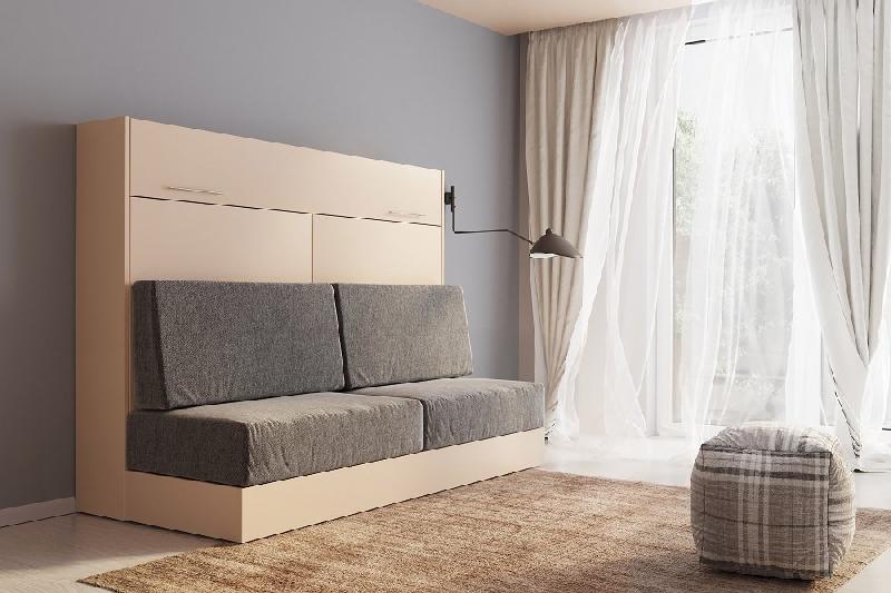 Armoire lit escamotable VERTIGO SOFA Taupe avec canapé gris - Couchage 140x200 cm - Système d'ouverture assistée_1