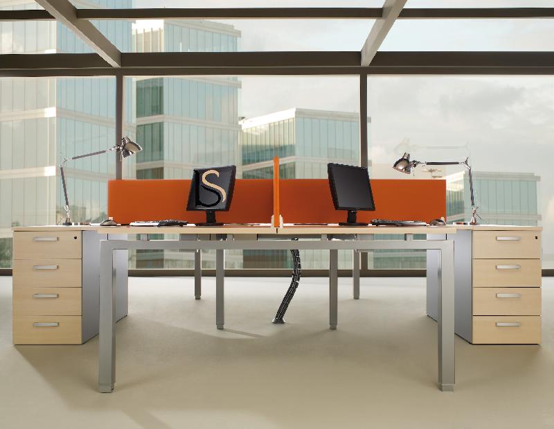 Bureau bench 4 personnes Quadra - Mobel  Linea. - Alu, Acacia clair, 3 tiroirs_1