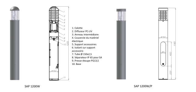 Borne lumineuse d'éclairage public - SAP 1200/P - HID, halogène, fluorescente - 23-70W - aluminium anodisé - 1,2m_1