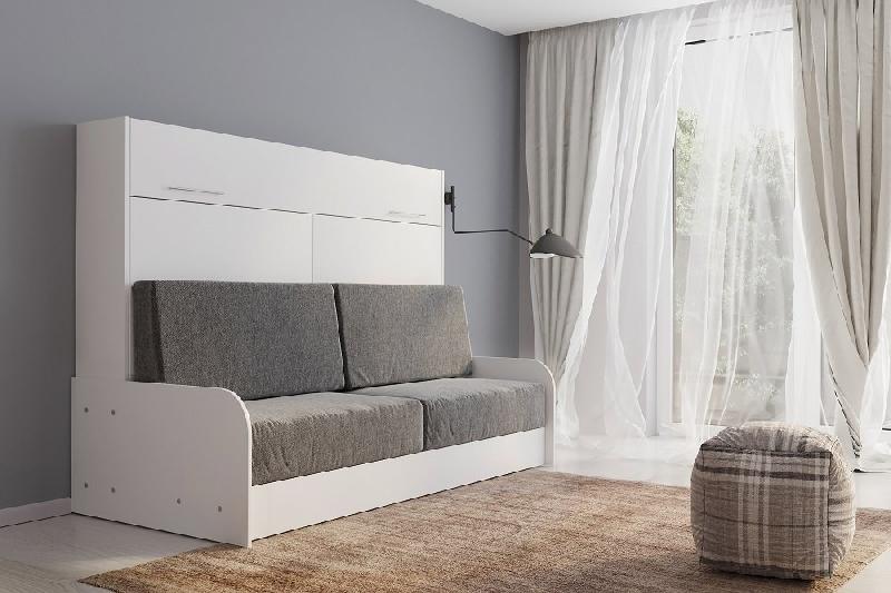 Armoire-lit escamotable Vertigo Sofa - structure avec accoudoirs blancs et tissu gris - couchage 160x200 cm_1
