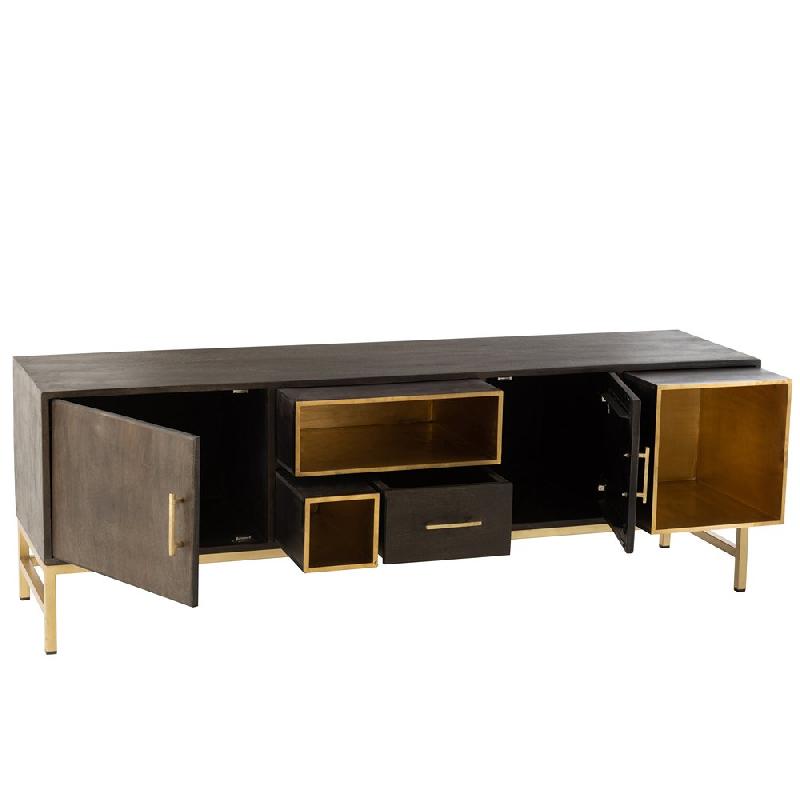 Buffet bas design DASY - 2 portes, 3 niches rétractables en manguier massif et métal doré - 180 cm_1