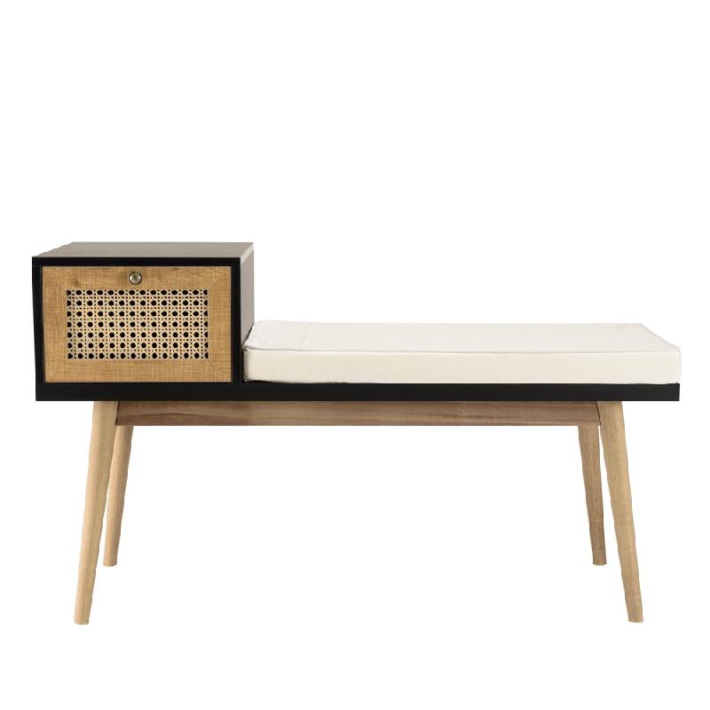 Banc Caline noir avec 1 tiroir effet cannage - structure en aggloméré mélaminé et contreplaqué - assise avec coussin déhoussable_1