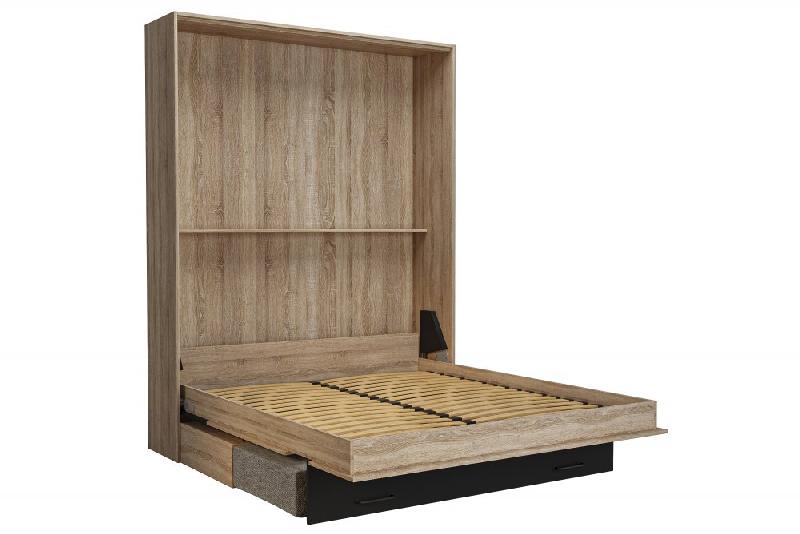 Lit escamotable style industriel KEY SOFA - chêne, bandeau noir, canapé gris, couchage 160x200 cm avec tiroirs de rangement_1