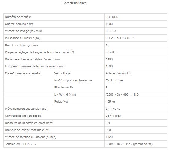 ZLP1000 2.2KW 2.5m x 3 - Nacelle suspendue avec serrure de sécurité 30KN - Charge nominale 1000kg_1