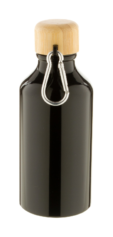 Bouteille en aluminium - 400 ml - avec couvercle en bambou et mousqueton - couleur noire_1