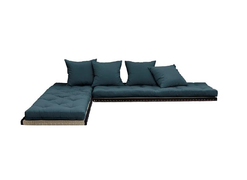 Banquette futon tatami CHICO bleu pétrole - couchage modulable 140x200 cm ou 2x70x200 cm - 4 coussins inclus_1