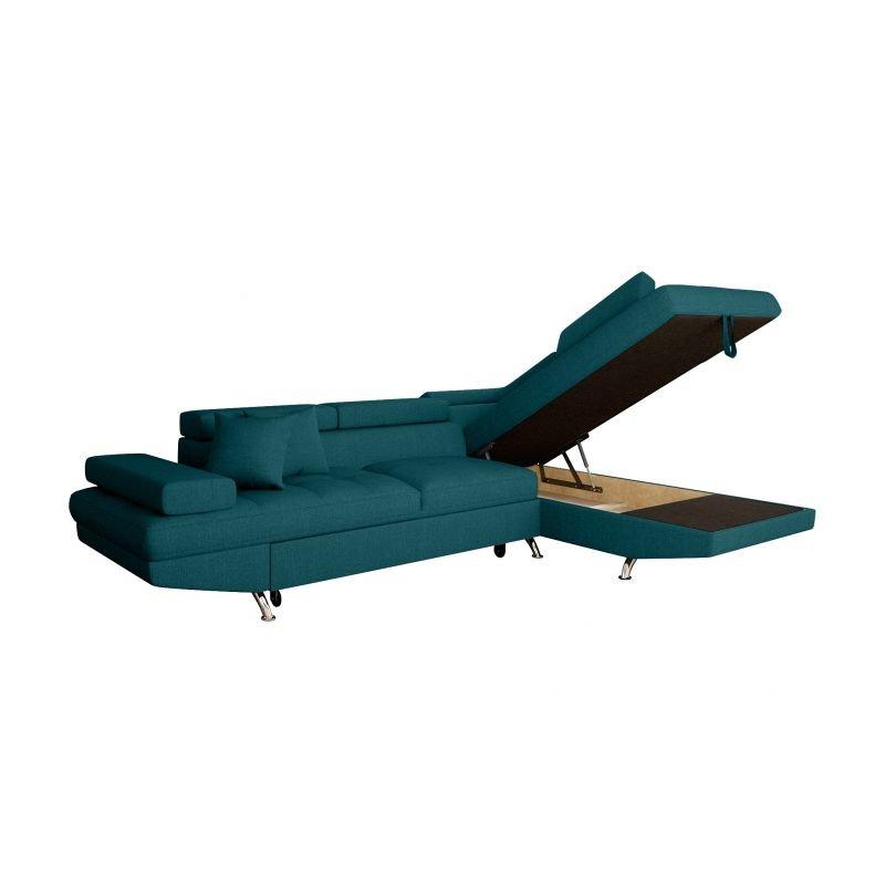 Canapé d'angle convertible RINO bleu canard - coffre de rangement et têtières réglables_1