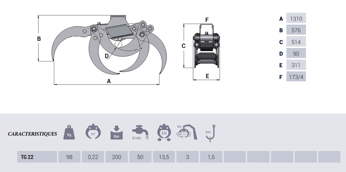 Grappin forestier TG22 - ouverture 1,29 m - poids 98 kg - pour grues jusqu'à 3 tonne-mètre_1