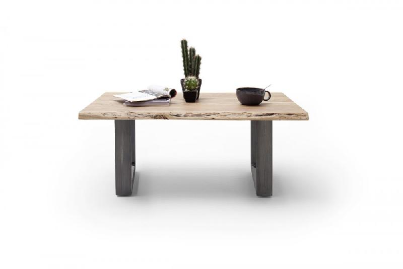 Table basse Clarén - plateau 110 cm en acacia massif naturel laqué - piétement U en acier finition vintage_1