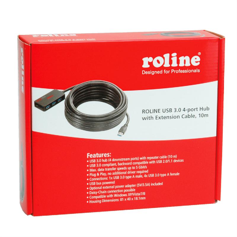 ROLINE Hub USB 3.2 Gen 1 4 ports avec Repeater, noir, 10 m_1