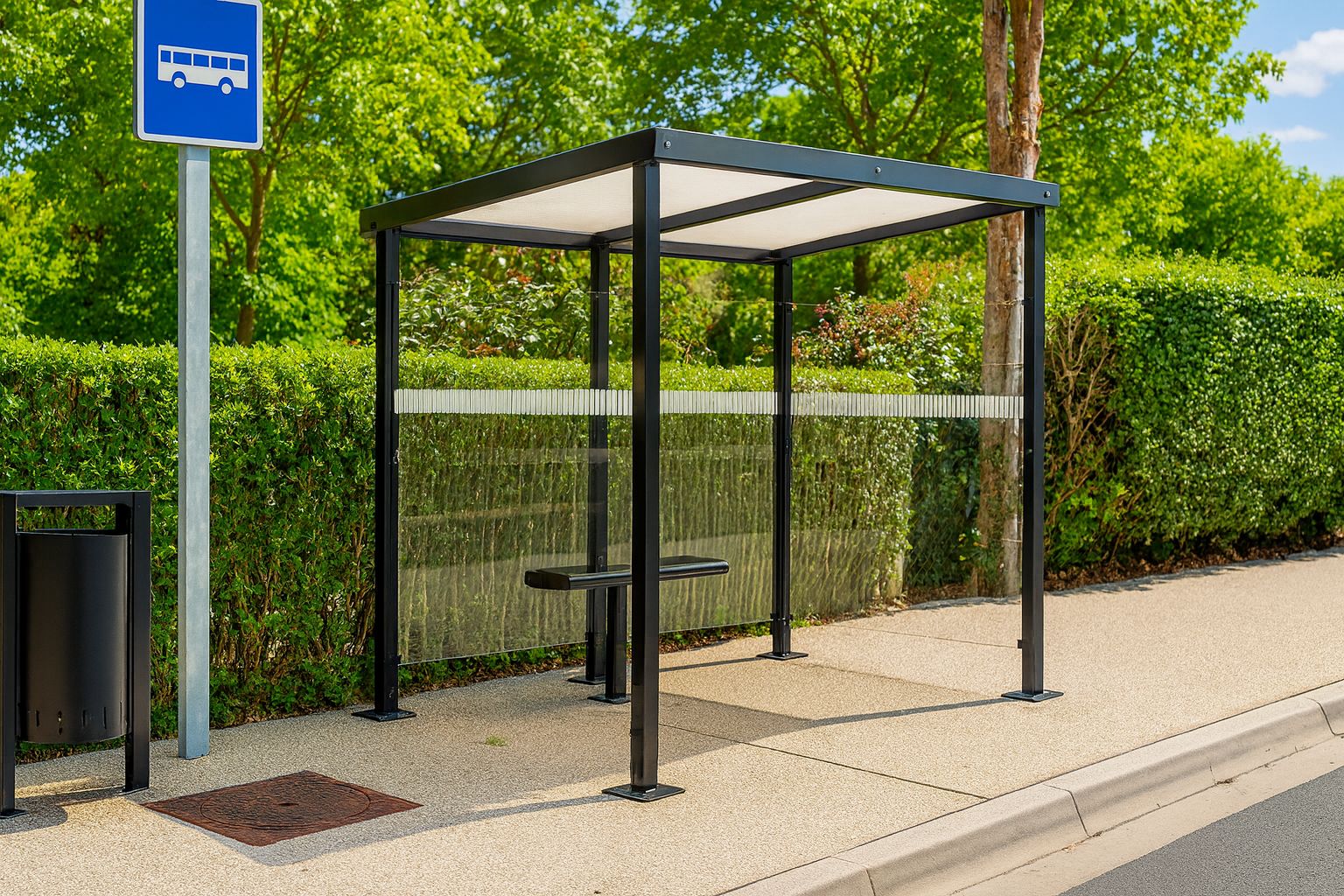 Abri bus Medium - Modulaire et personnalisable avec bois, verre et métal_0