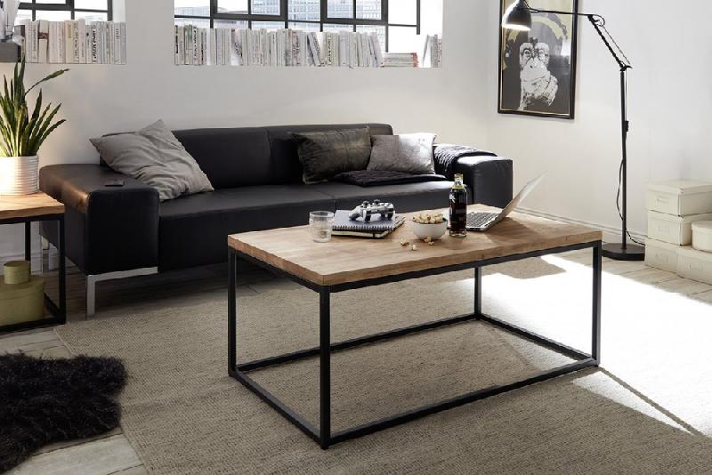 Table basse industrielle rectangulaire 110 cm Sacy - chêne massif huilé et métal noir laqué_1