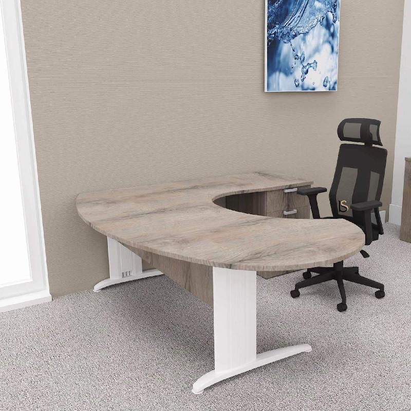 Bureau ergonomique et caisson intégré Sigma - Mobel Linea - 200, Blanc, Droite, 4 tiroirs, Chêne grisé_0