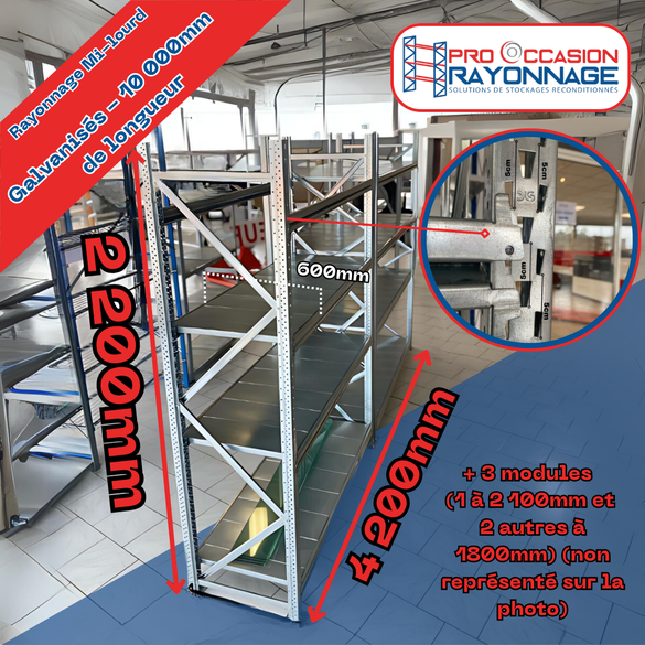 Rayonnage mi lourd - Hauteur 2200mm, Longueur 10 000mm, Profondeur 600mm - Mitop galvanisé_1