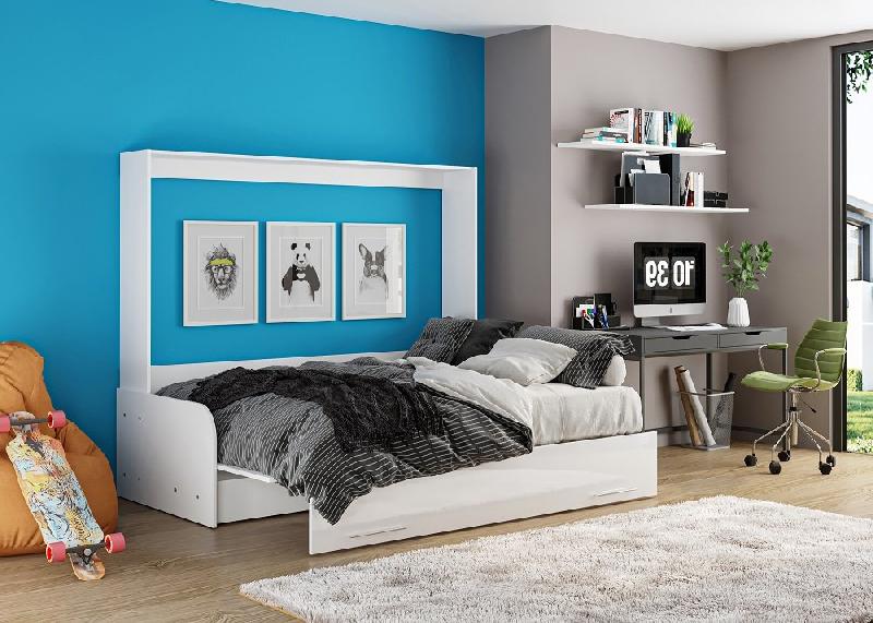 Armoire-lit escamotable Vertigo Sofa 160x200 cm - Façade blanc brillant - Canapé marron avec accoudoirs_1