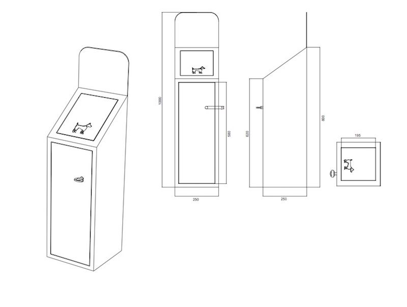 Corbeille pour déjections canines Willy - The Italian Lab - Acier galvanisé, dimensions L 250, P 250, H 1000_1