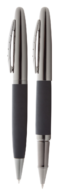 Parure stylo à bille et roller - Embase et corps en caoutchouc - Boîte cadeau noire - Encre bleue_1