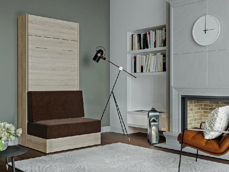 Armoire lit escamotable Dynamo Sofa - canapé intégré - chêne naturel - tissu marron - couchage 90x200 cm_1