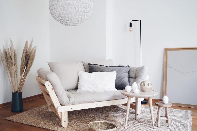 Banquette méridienne convertible futon BEAT - Pin naturel - Tissu lin - Couchage 75x200 cm_1