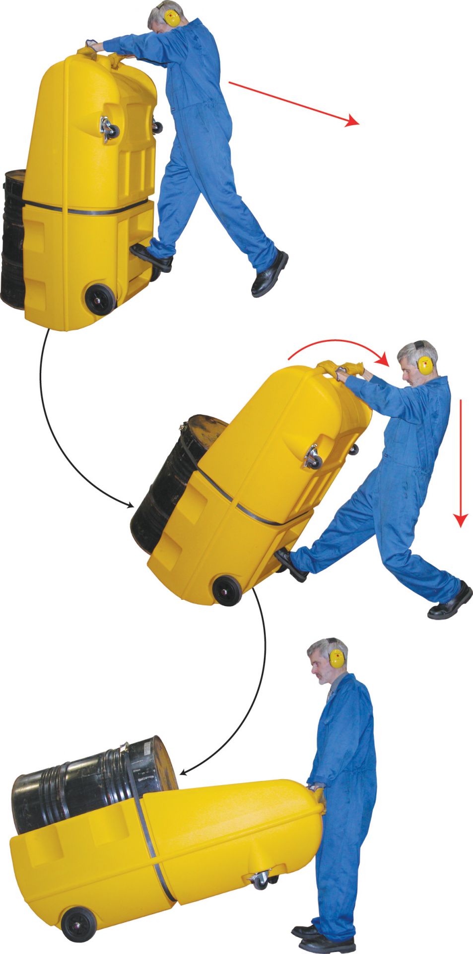 Diable de rétention pour fût de 220L en polyéthylène - Coloris jaune ou noir - 4 roulettes et sangle de maintien_1