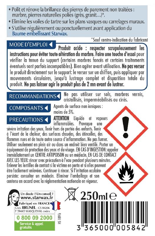 Rénovateur marbre STARWAX - incolore liquide - 250 ml - élimine le tartre, nettoie et polit les marbres et pierres de parement_1