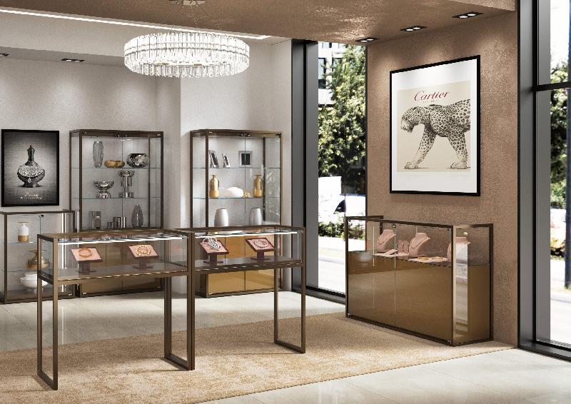 Vitrine plate bronze anodique - L 95 P 45 H 95 cm - STM95T-BR - Verre trempé, éclairage LED et structure métallique_1