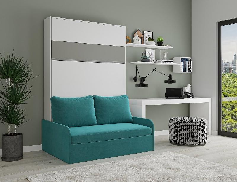 Armoire lit escamotable Bermudes Sofa - Blanc bandeau gris - Canapé bleu 160x200 cm avec coffre et vérins sécurisés_1
