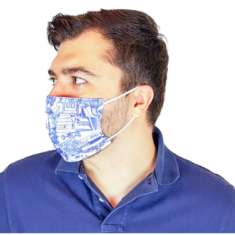 Masque lavable en soie imprimée citadin - doublé coton - bleu - Made in France - Réf 30205.01.2_1