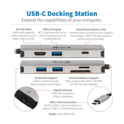 Tripp Lite U442-DOCK5-GY station d'accueil Avec fil USB 3.2 Gen 1 (3.1 Gen 1) Type-C Gris_1