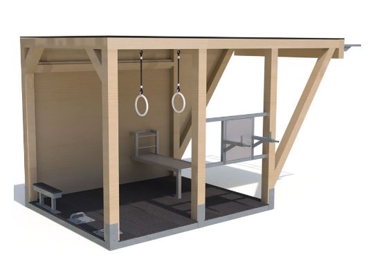 Structure de fitness simple M KUBE FITNESS - jusqu'à 9 utilisateurs - design en bois avec toiture étanche - 7 agrès fixes inclus_1