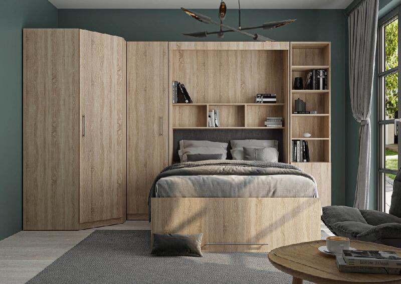 Composition armoire lit escamotable d'angle Lutecia - Chêne naturel - 350x100 cm - Couchage 140x190 cm - Rangements intégrés_1