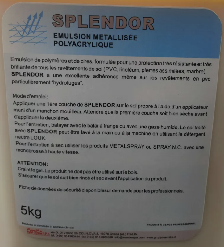 Kemika splendor emulsion metallisee pour la protection de base et l'entretien ph:8.5 ± 0.2 5l_1