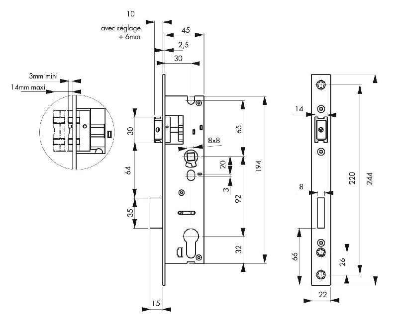 Serrure encastrable pour porte d'entrée - Axe 30mm - L 45mm - Entr'axe 92mm - Réf. 00015930 - Marque Thirard_1