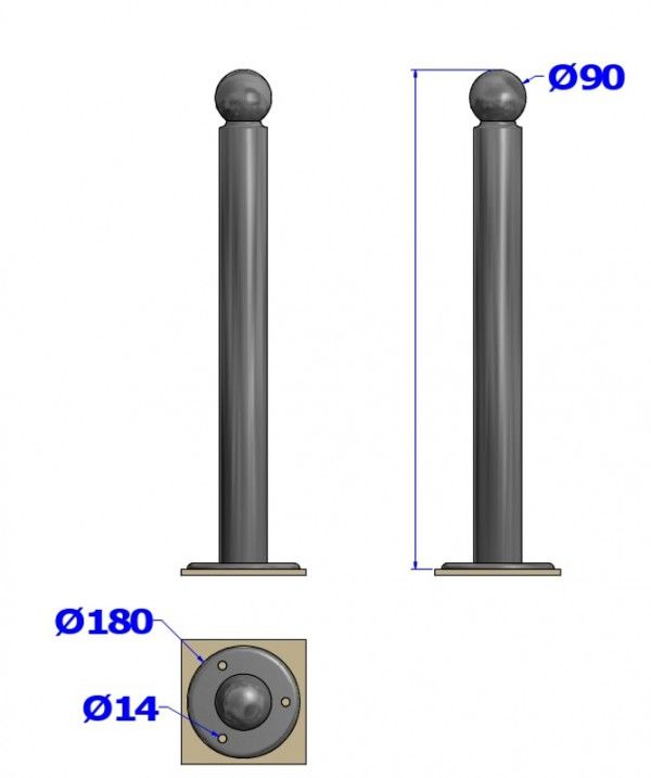 10161-91 - Potelets fixes sur platine - Hauteur hors-sol : 1,00m - Boule Ø90mm - Corps Ø76mm_1