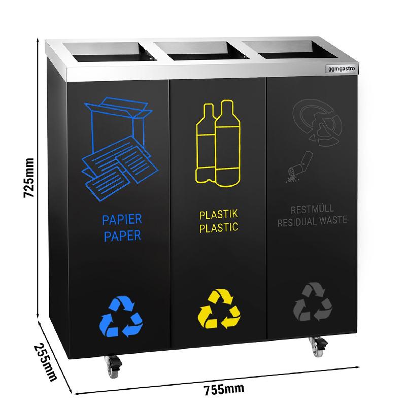 Poubelle de tri sélectif carénée 75 L - 3 bacs 25 L - Acier noir - Roulettes - Autocollants inclus_1
