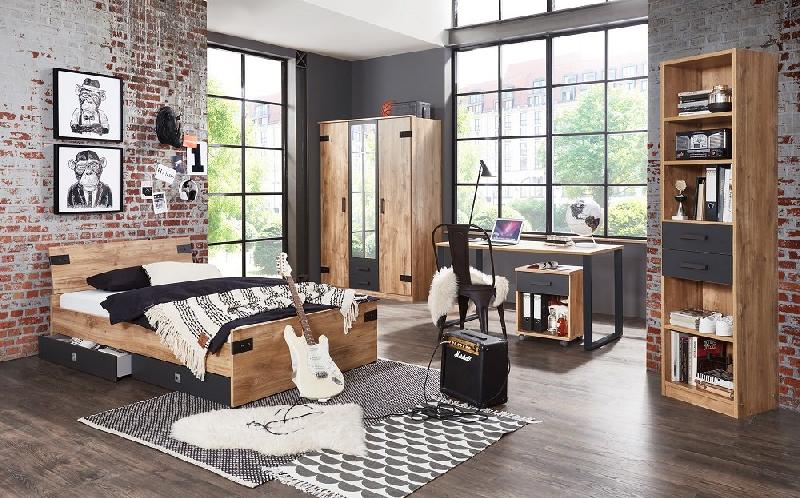 Lit tiroirs Lisburn style industriel 140 x 200 cm - Chêne poutre - Avec 2 tiroirs de rangement pratiques_1