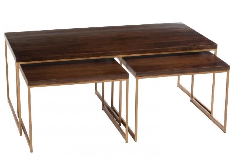 Table basse salon 3 parties BIOR - bois de manguier brun foncé et métal doré - pratique et design_1