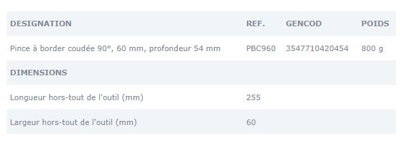 Pince à border coudée 90° - Jouanel Industrie - 60 mm - profondeur 54 mm - poids 800 g - réf. PBC960_1