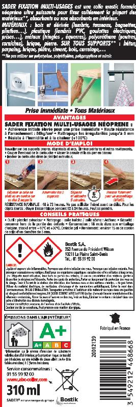 SADER fixation multiusage - Colle néoprène mastic - Prise immédiate tous matériaux - 310ml blanc_1