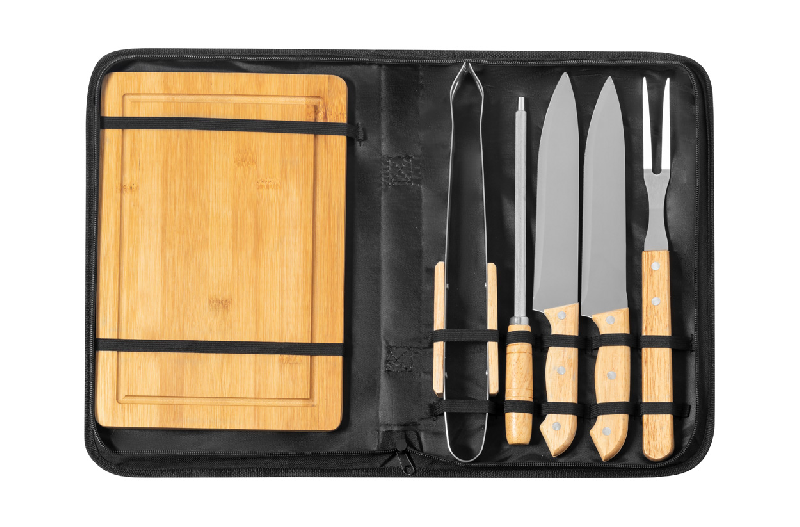 Set barbecue - Bois et acier inoxydable avec couteaux, pince, fourchette et planche à découper_1