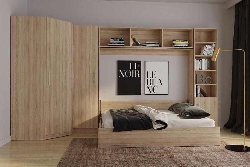 Composition angle lit escamotable Vertigo chêne naturel 411x100 cm avec couchage 160x200 cm et rangements intégrés_1