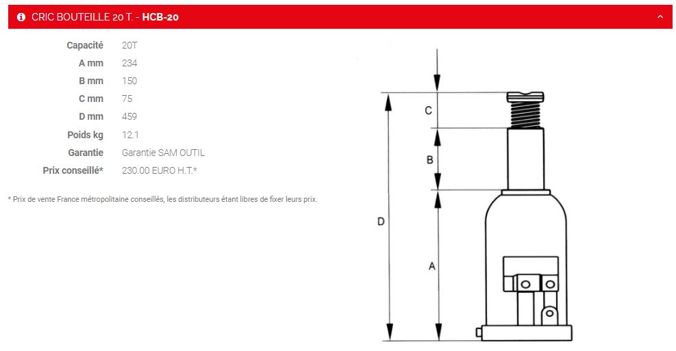 HBC-20 - Cric bouteille Sam Outillage - capacité 20T avec soupape de sécurité et limiteur hydraulique_1