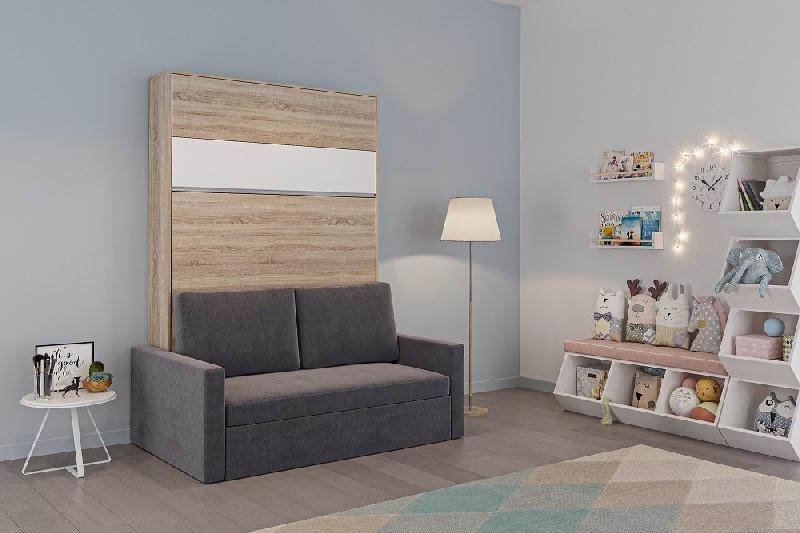 Armoire lit escamotable DJUKE SOFA - Chêne avec bandeau blanc mat - Canapé gris - Couchage 140x200 cm_1