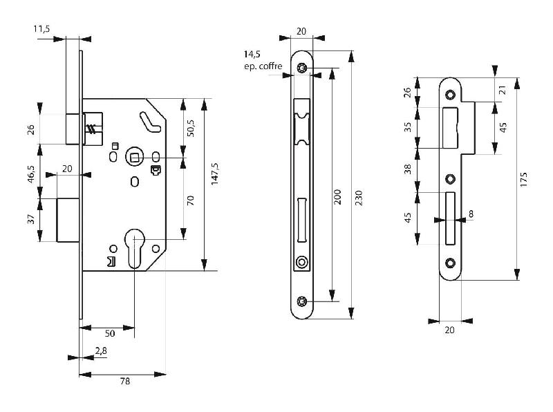 Serrure encastrable pour porte d'entrée - Unimax CE NF QC V/BR - Coffre galvanisé et mécanisme à 2 tours_1
