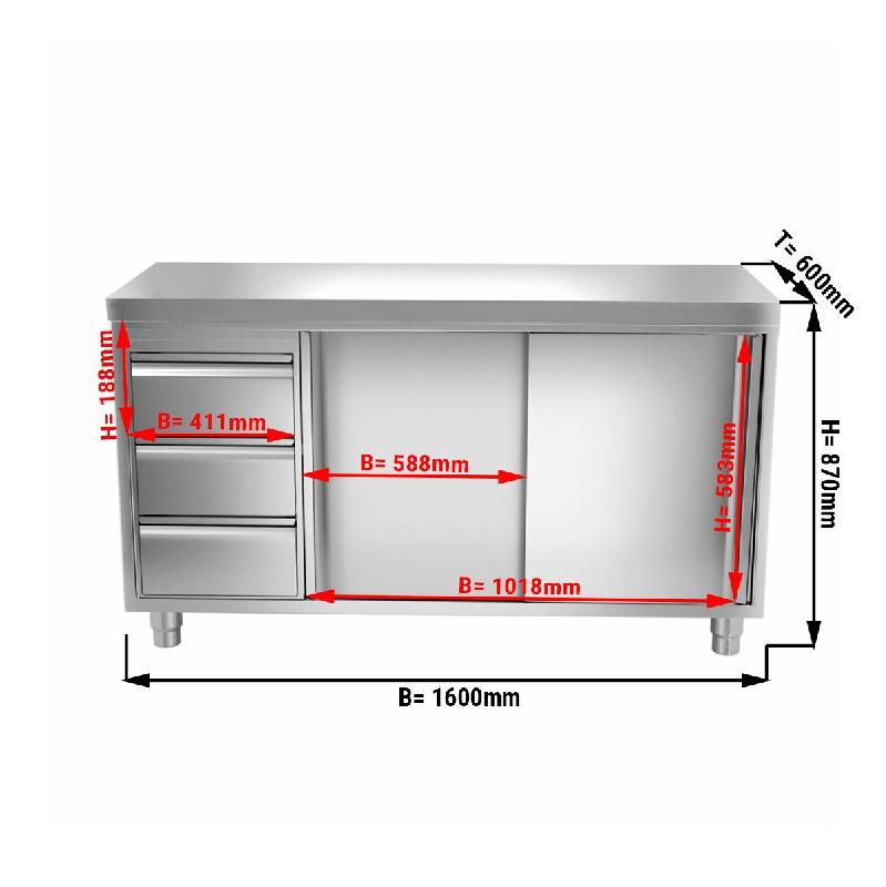 Meuble bas inox cental P 600 mm avec portes et tiroirs - 1600_1