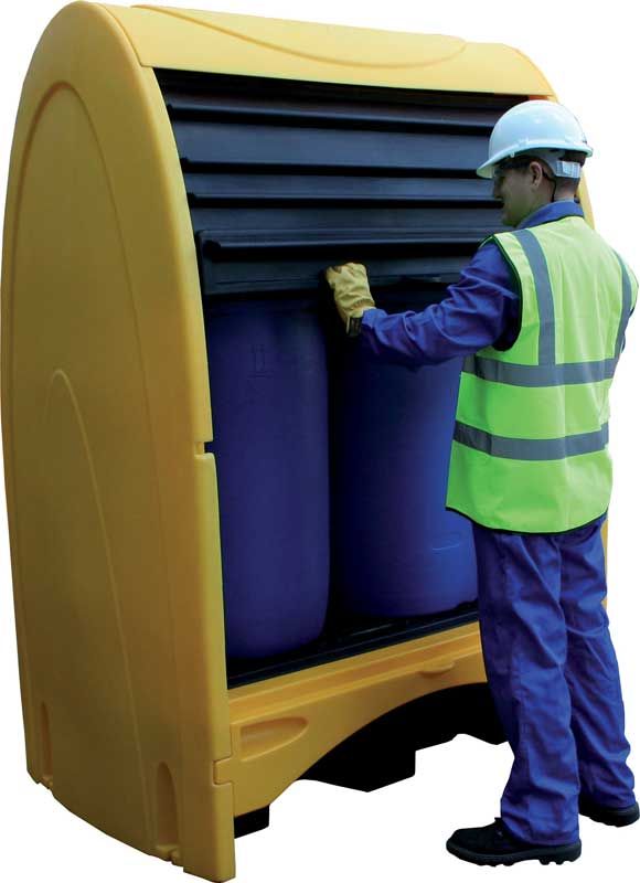 Box de rétention en polyéthylène - pour 2 fûts de 220 L verticaux ou petits bidons - stockage des liquides corrosifs - accès par rideau coulissant_1