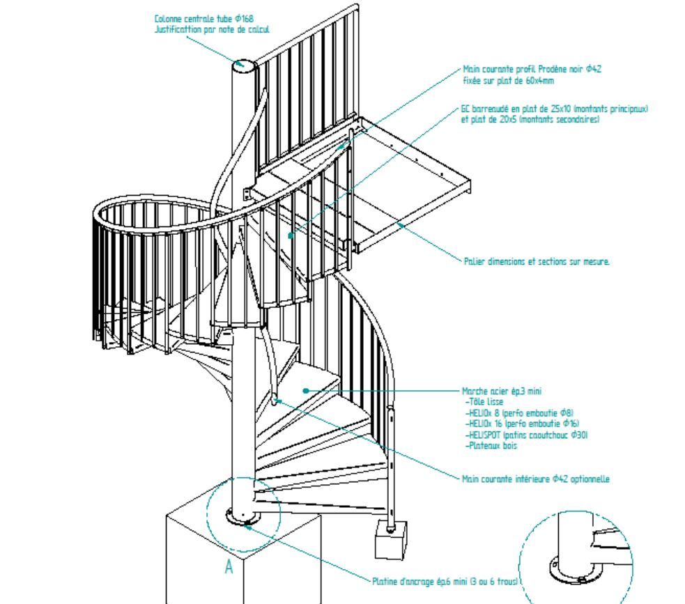 Escalier hélicoïdal barreaude - l'hélicoidal - diamètre du colonne centrale 168 mm_0